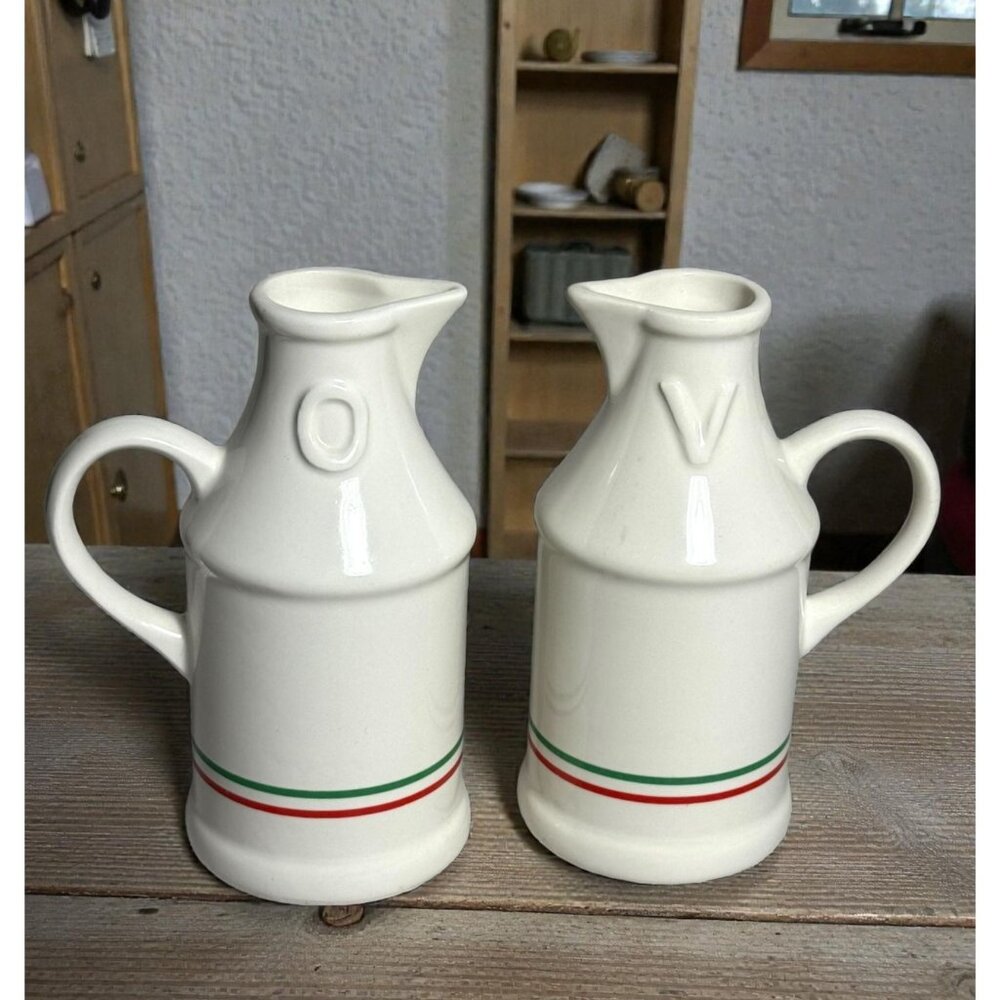 Set Of Oil & Vinegar Ceramic Cruets With Red & Green Stripes
